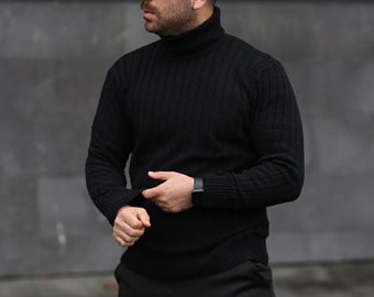 Black Turtleneck Knit Sweater, Dark Cotton Jumper, Knit Pullover for Men, Slim Fit Sweater for Men, Vintage Sweater Jumper, Winter Clothing.