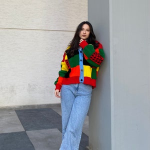 Hand Knit Cardigan Y2K Clothing Crochet Colorful Cardigan Oversized Cardigan Sweater Women Patchwork Cardigan Cozy Cardigan Pullover Sweater