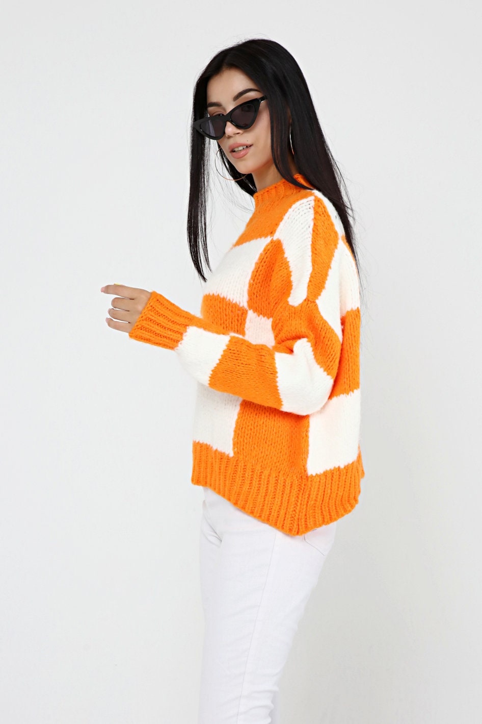 Hand Knit Sweater Orange & White Sweater Crochet Sweater Etsy