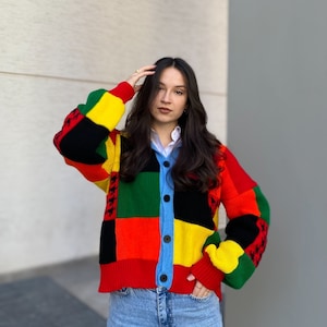 Hand Knit Cardigan Y2K Clothing Crochet Colorful Cardigan Oversized Cardigan Sweater Women Patchwork Cardigan Cozy Cardigan Pullover Sweater