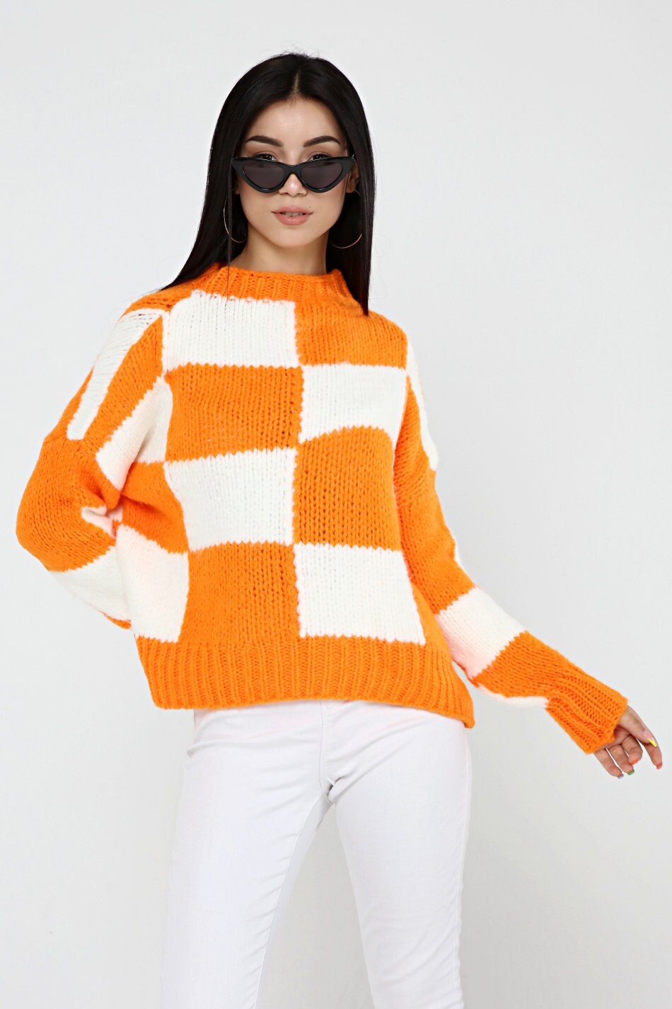 Hand Knit Sweater Orange & White Sweater Crochet Sweater Etsy