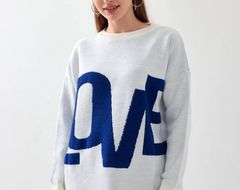Y2k Knit Love Sweater, Cozy Street Sweater, Women's Knit Sweater, Chunky Knit Sweater, Y2K Women Clothing, Crochet Sweater, Gift for Her