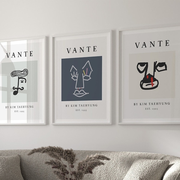 Vante Taehyung BTS Poster Set of 3 (Digital Download), Matisse-inspired bts drawing wall art, aesthetic bts room decor, minimalist v bts art