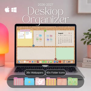 Pastellfärgad korkskiva för skrivbordsorganisatörer (2026-2027), mappikoner för scrapbooking för Mac, skrivbordsbakgrund (digital nedladdning)