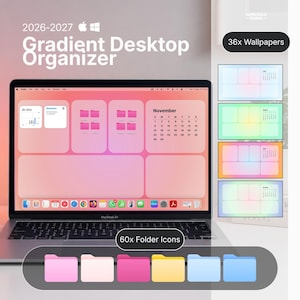 May include: A digital desktop organizer set for 2026-2027 featuring gradient wallpapers and folder icons. The laptop screen displays a pink gradient background with organized sections, a calendar for November, and app icons. Includes 36 wallpapers.