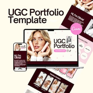 Può includere: Un modello di portfolio UGC digitale visualizzato su uno schermo di laptop e smartphone. Il design presenta testo marrone scuro, uno sfondo color crema chiaro e accenti rosa. Include il testo UGC Portfolio, Hi, I'm Olivia e il logo Canva.