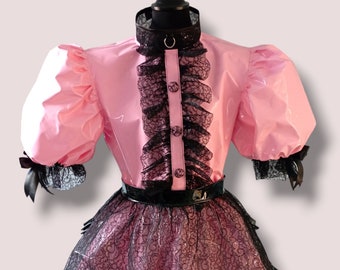 Pink & Black PVC Maid Dress Lace Apron Set – Short Sleeve PVC Dress Handmade Custom Made Vinyl Outfit