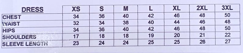 May include: Dress size chart with measurements in inches. Includes chest, waist, hips, shoulders, and sleeve length for sizes XS to 3XL. Measurements range from 86 cm to 127 cm.