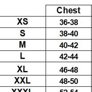 May include: A size chart with measurements for chest sizes, ranging from XS to XXXL. The chart lists chest sizes in inches, starting at 36-38 inches for XS and going up to 52-54 inches for XXXL.