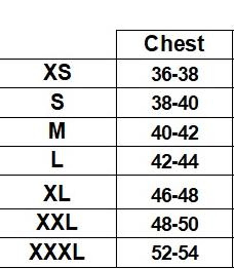 May include: A size chart with measurements for chest sizes, ranging from XS to XXXL. The chart lists chest sizes in inches, starting at 36-38 inches for XS and going up to 52-54 inches for XXXL.
