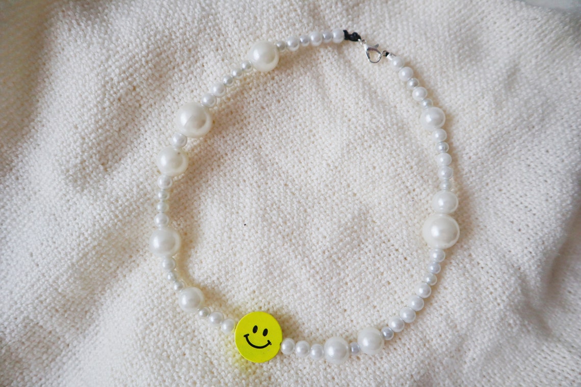 Smiley Face Pearl Necklace / Beaded Yellow Emoji Choker Etsy