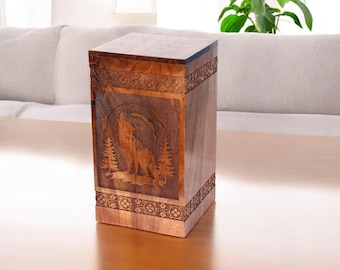 Handmade Wolf Cremation Urn: Engraved Rosewood Funeral Urn