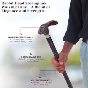 Handcrafted Wooden Walking Cane: Rabbit Head Victorian Style 3-Fold