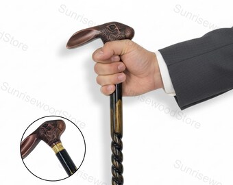 Handgjord käpp med kaninhuvud i mässing | Snidad käpp i rosenträ | Unik vintage-gåva med djurmotiv