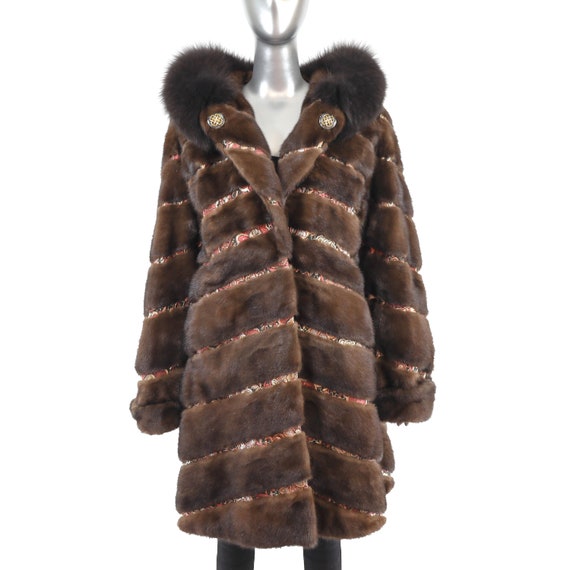 Hooded Mahogany Mink Coat with Fox Trim- Size XL - image 1