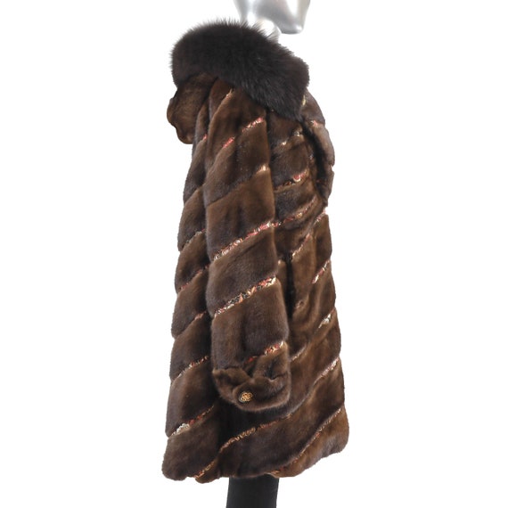 Hooded Mahogany Mink Coat with Fox Trim- Size XL - image 5
