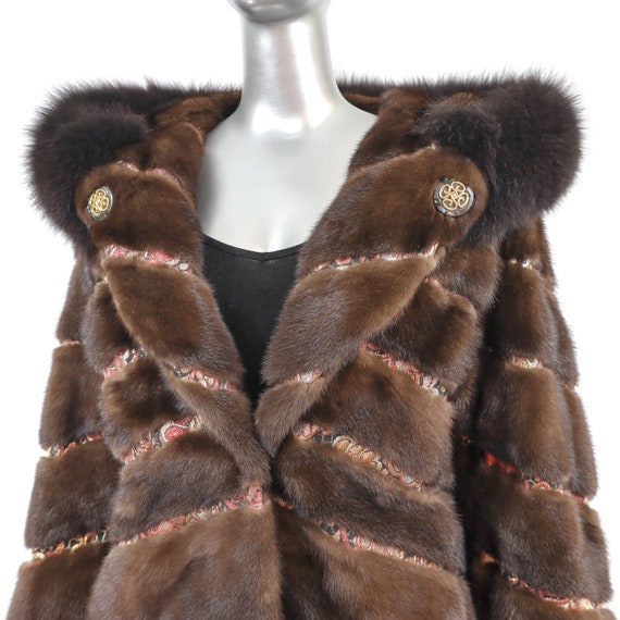 Hooded Mahogany Mink Coat with Fox Trim- Size XL - image 6
