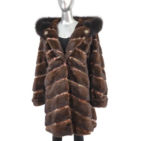 Hooded Mahogany Mink Coat with Fox Trim- Size XL - image 2