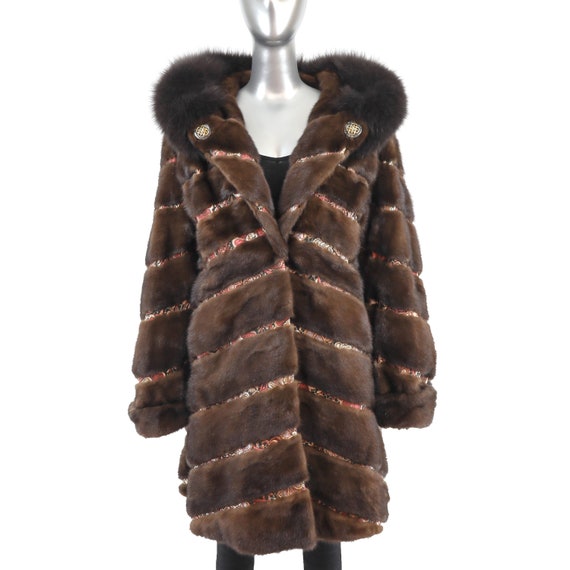 Hooded Mahogany Mink Coat with Fox Trim- Size XL - image 10