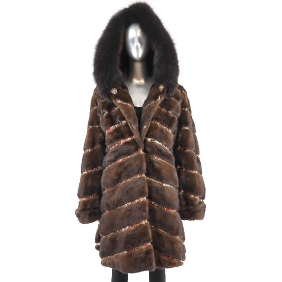Hooded Mahogany Mink Coat with Fox Trim- Size XL - image 9