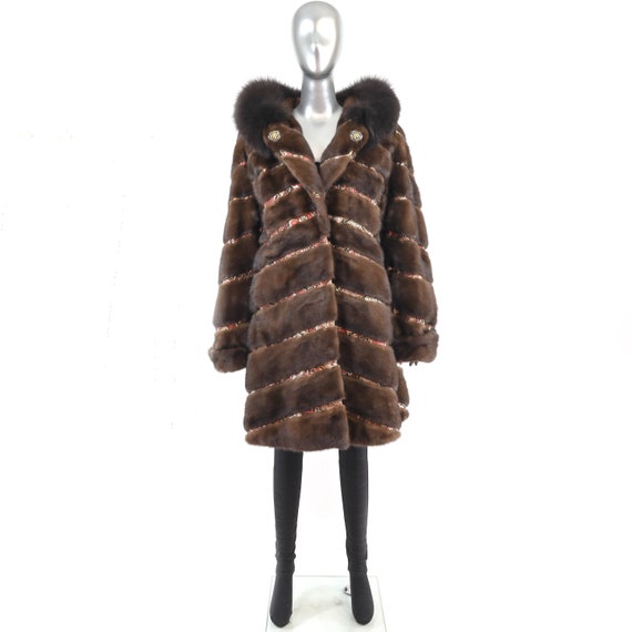 Hooded Mahogany Mink Coat with Fox Trim- Size XL - image 3