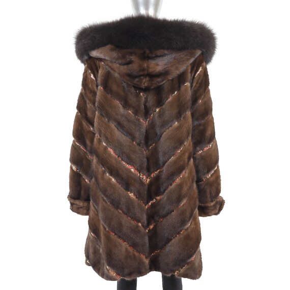 Hooded Mahogany Mink Coat with Fox Trim- Size XL - image 4