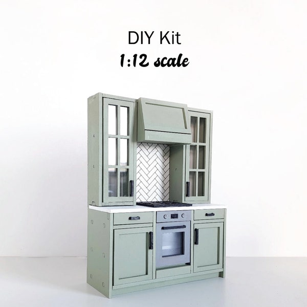 Cuisine shaker à l'échelle 1:12 avec four intégré et armoires de comptoir - Kit de bricolage - Miniature pour maison de poupée