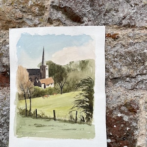 Acquerello pastorale su carta di Ronald Birch / Dipinto di paesaggio del villaggio / Dipinto ad acquerello della chiesa / Arte originale / Arte di metà secolo