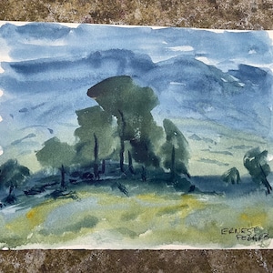 Ernest Fedarb Midcentury Opera d'arte Acquerello Pittura / Firmato Originale espressivo Paesaggio francese Arte Midcentury con alberi e montagne