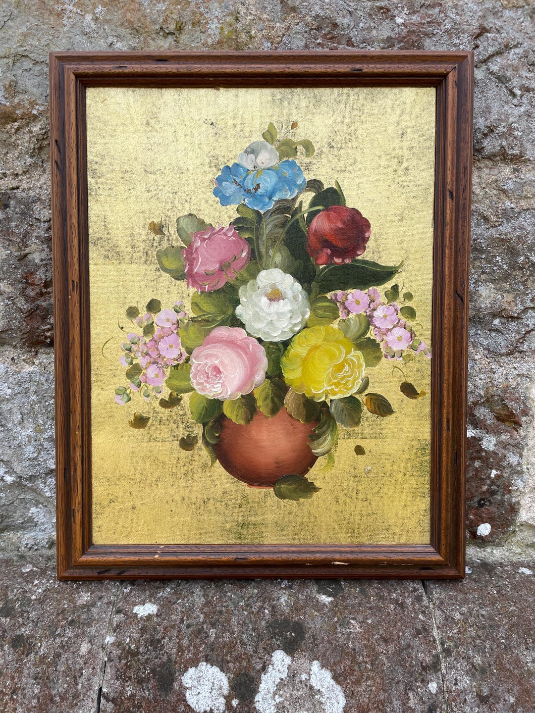 R. Rosini サイン入り 油彩画 花の静物 額装 F4号 インテリア Golden Blossoms by R Rosini | Original Oil Painting | Signed