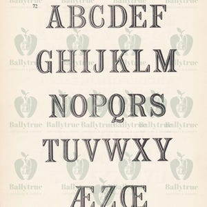May include: A vintage print featuring the alphabet in a serif font style, labeled "Chisel." The letters are in a bold, outlined design. The background has a repeating apple pattern and the text "Ballytrue Antiques & Garden."