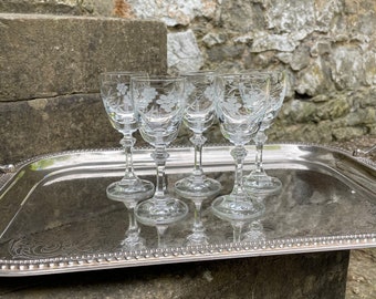 Antique Etched Crystal Wine Glasses | Set of 5 Vintage Crystal Wine Glasses | Engraved Vintage Wine Goblets