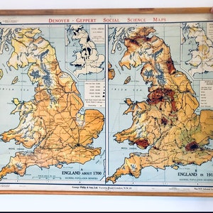 Denoyer Geppert sociaalwetenschappelijke kaart Engeland 1911 (H18 industrieel Engeland) George Phillip & Son Ltd antieke kaart | Vintage kaarten | Retrokaarten