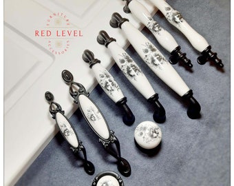 Porcelain Furniture Handles / Ceramic Kitchen Cabinet Pulls / Cupboard Drawer Knobs / Black White Dresser Pulls / Furniture Hardware 246