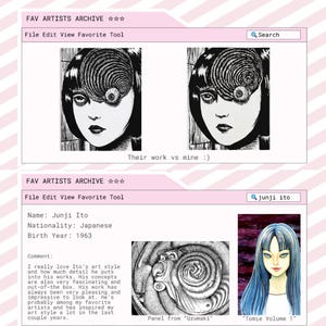 May include: A digital graphic layout titled FAV ARTISTS ARCHIVE featuring two sections. The top shows a comparison of black and white manga illustrations with spiral motifs. The bottom section displays Junji Ito's profile with text, a spiral panel from Uzumaki, and a color illustration of a character from Tomie Volume 1.