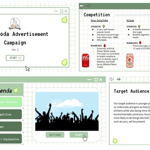 May include: A digital interface featuring a soda advertisement campaign presentation with multiple windows. The layout includes text about competition between Coca-Cola and Olipop, a target audience section, and a pixelated graphic of a crowd.