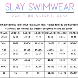 May include: A sizing chart for swimwear, showing bust, waist, and hip measurements in inches and centimeters for sizes small to 5X-large.