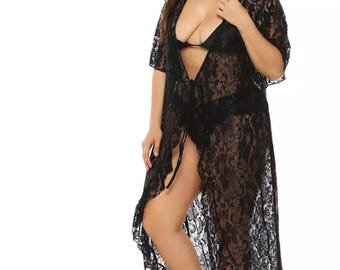 Mesh Lightweight Komono, Embroidered Boho, Lace Kimono, Long Sleeve embroidered Robe,  summer vacation kimono, Black Lace Beach Cover Up,