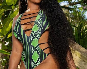 Plus Size Snake Print One Piece Swimsuit: High Waist Cut Out Bathing Suit