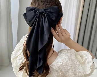 Black or Ivory Satin Hair Bow Clip - Bow Bridal Hair Pin Gothic Hair Bow Long Hair Bow Clip Coquette Style Bride Bow accessory hair style