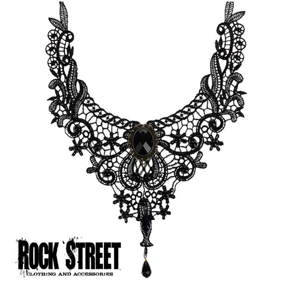 Black Gothic Victorian Lace Beaded Choker with Charm Steampunk Gothic Collar Bib Necklace