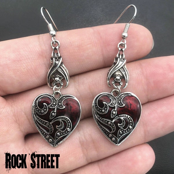 Gothic Victorian Valentine Heart Dangle Earrings Pair Red Blood Rose Heart with Bat