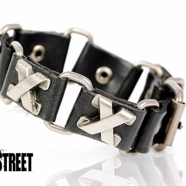 Black Leather X Criss-Cross Adjustable Link Rock Punk Goth Bracelet - Men Women Unisex