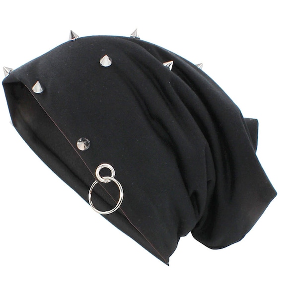 Black Slouchy Studded Beanie Hat - Rock and Roll Gothic Metal Spike Punk Skull Cap Rock Goth Dark Cap Winter Warm Cozy Ski Cap