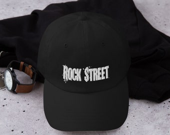 Rock Street Logo Embroidered Rock and Roll Goth Black Baseball Hat Adjustable Back