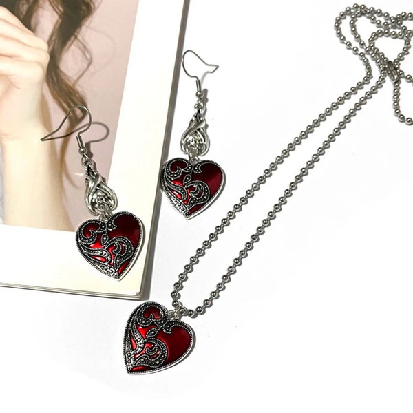 Gothic Victorian Valentine Heart Dangle Earrings and Necklace Set Pair Red Blood Rose Heart with Bat