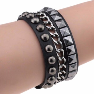 Black Leather Rock Bracelet - Studded With Chain Adjustable Snap On Retro 80s Gothic Multi-layer Wide Cuff Mens Womens Unisex Jewelry