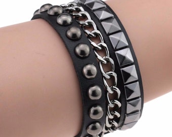 Black Leather Rock Bracelet - Studded With Chain Adjustable Snap On Retro 80s Gothic Multi-layer Wide Cuff Mens Womens Unisex Jewelry