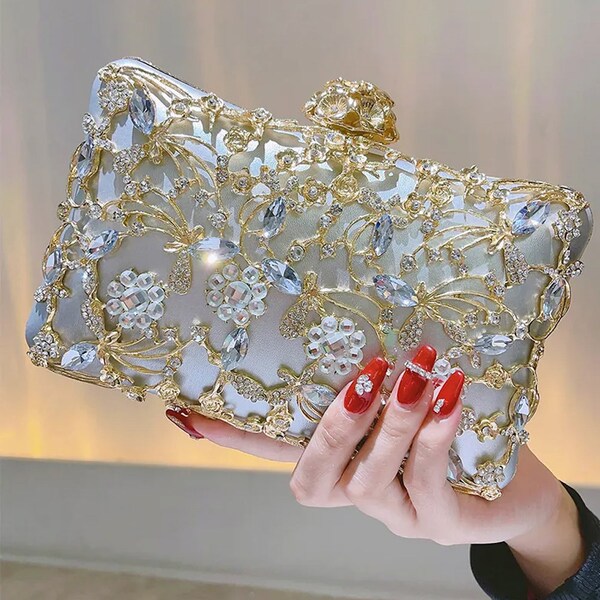 Silver Gold Rhinestone Gem Evening Bag - Elegant Box Clutch Purse Womens Handbags For Party Prom Wedding