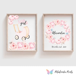 Rosa Kinderwagen Bild, Geburtsbild, individuelles Geschenk zur Taufe/Taufe